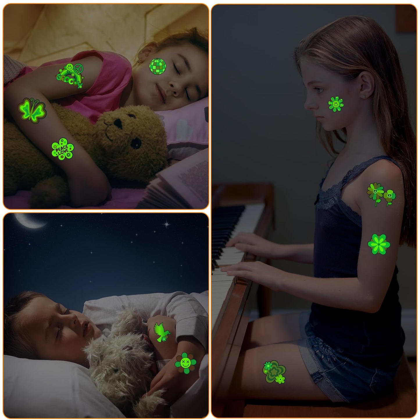 Qpout 96pcs Glow In The Dark Hippie Tattoos Stickers Groovy 70s 80s 90s Temporary Tattoos for Kids,Waterproof Love and Peace Sign Luminous Face Tattoos Flower Power Rainbow Hippie Theme Party