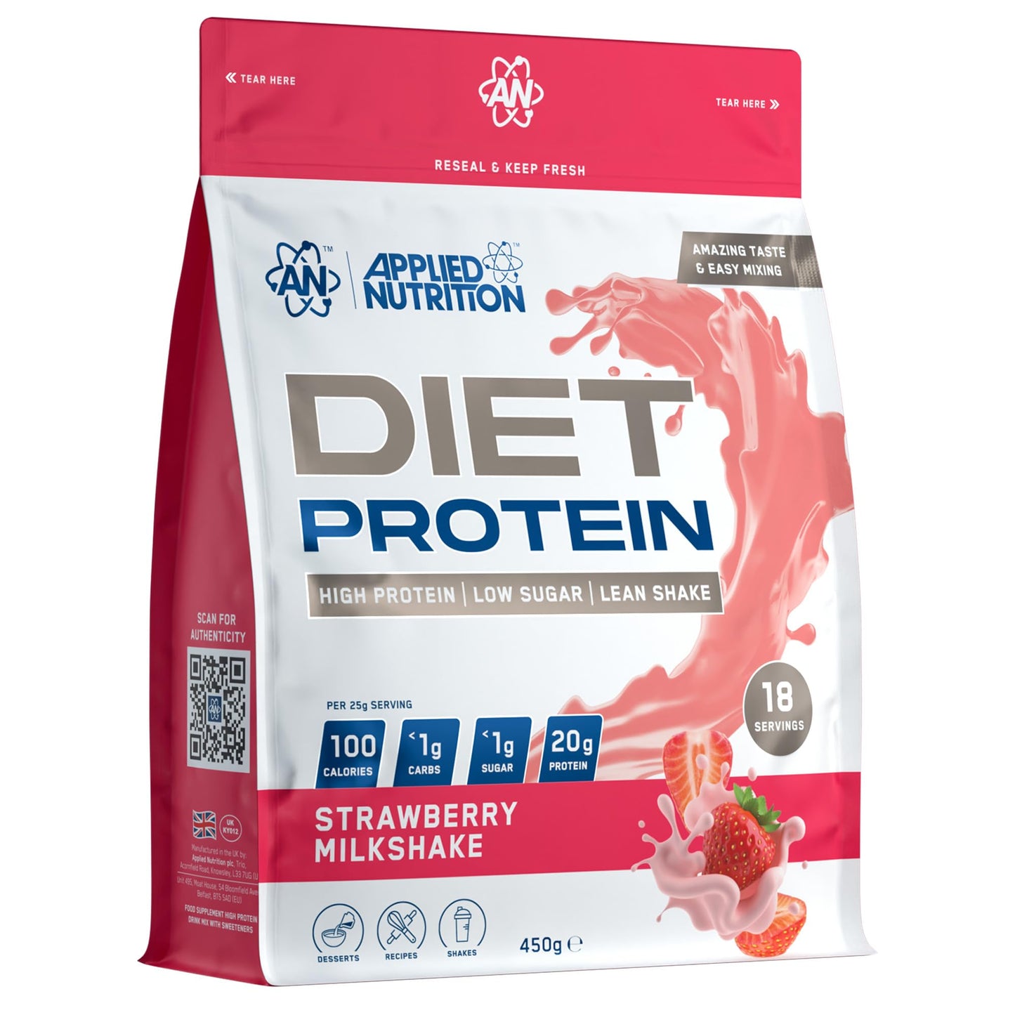Applied Nutrition Diet Whey - High Protein Powder Supplement, Low Carb & Sugar, for Weight Management with CLA, L Carnitine, Green Tea (450g - 18 Servings) (Strawberry Milkshake)