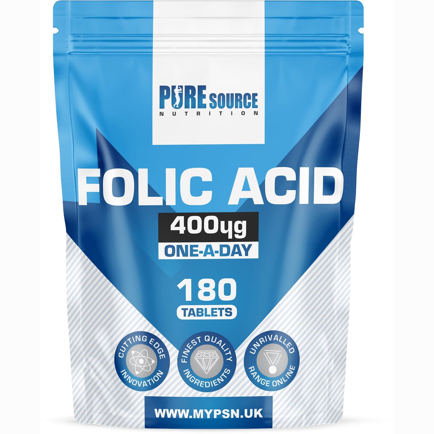 Pure Source Nutrition Folic Acid Tablets 400 mcg Vegan Vitamin B9 Tablets - Pregnancy Care - Normal Function of Immune System & Supports Maternal Tissue Growth - Reduce Tiredness and Fatigue by PSN (180 Tablets)