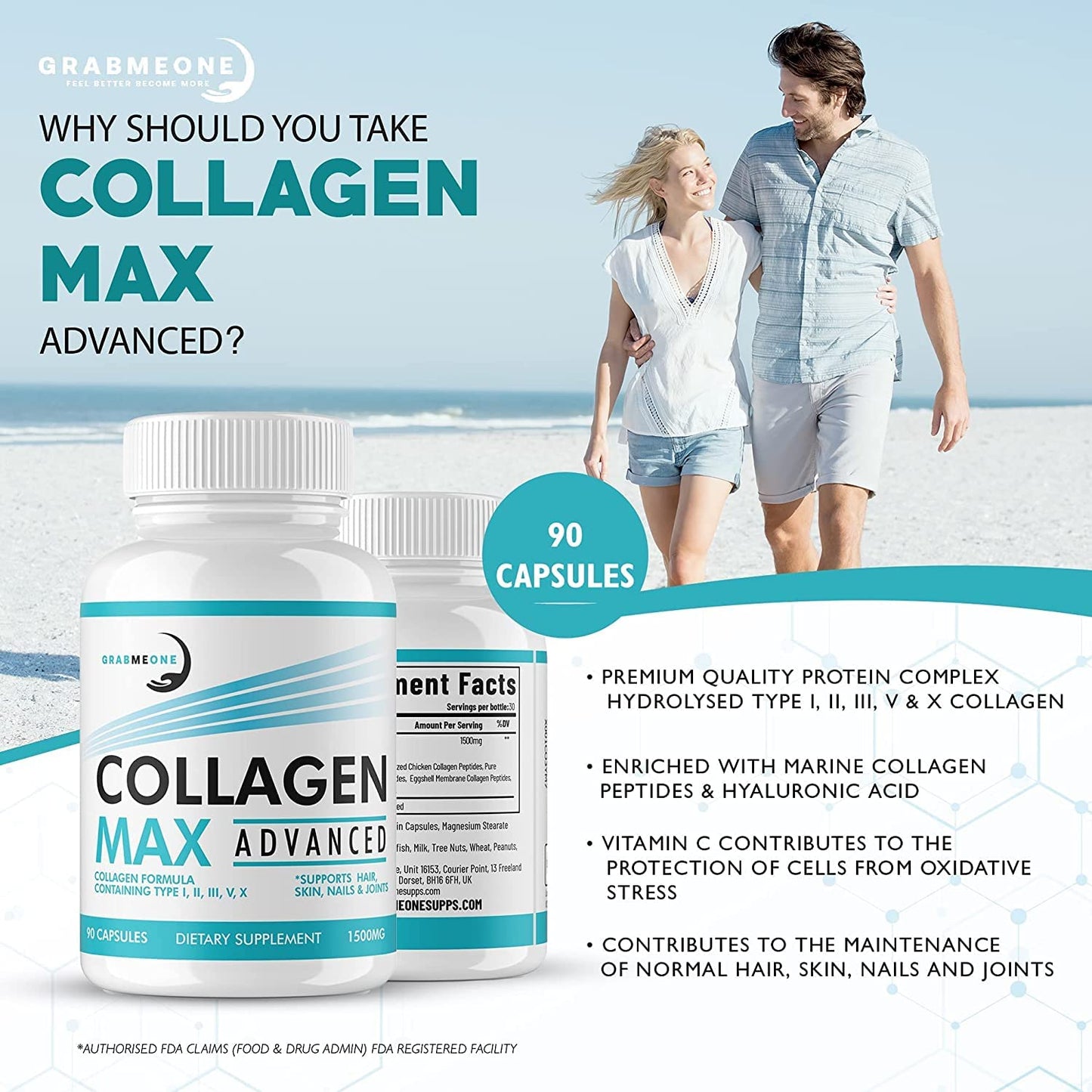 Premium Marine Collagen Supplements for Women, Ultra Potent Marine Collagen Capsules with Hyaluronic Acid and 1500mg Collagen Peptides per Serving to Support Joints, Hair, Skin, Nails & Bones