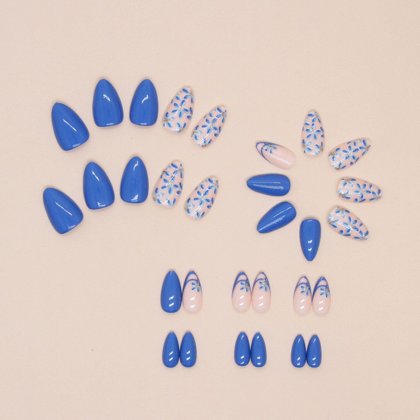 SXVME French Tip False Nails Short Almond, Cute Blue Floral Press on Nails Natural Nude Fake Nails Full Cover Glossy Acrylic Nails for Women Daily Wear 30 Pcs