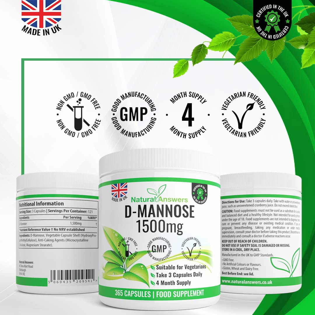 Natural Answers D-Mannose | 365 Capsules | Max Strength 1500mg per Serving - Precision DMannose - Vegetarian Capsules not Tablets or Pills, Made in The UK (365 Count (Pack of 1))