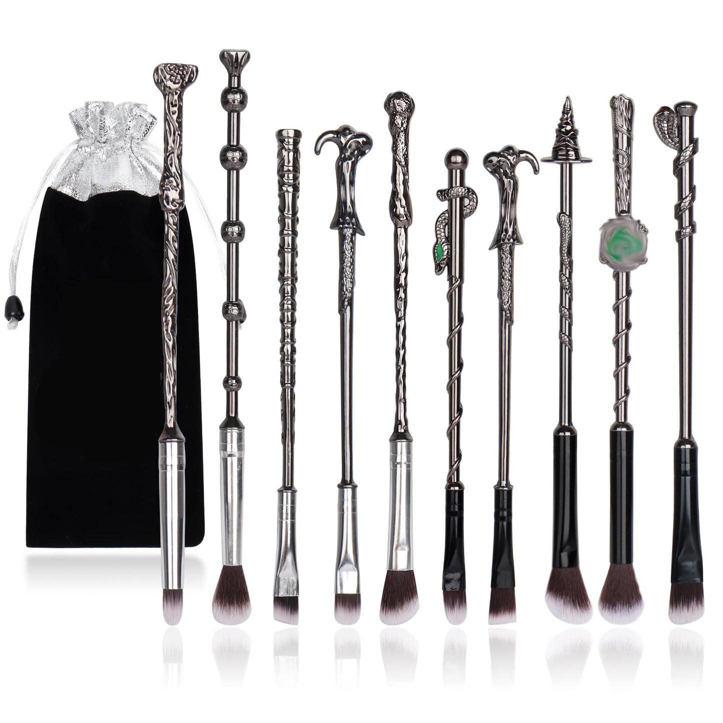 Boyigog 10Pcs Wizard Makeup Brushes Set,3D Silver Handle Metal Wand with Theme Bag,Anime Cosmetic Brushes for Powder Eyeshadow Lips Eyeliner,Portable Makeup Brush Set Gift for Girl Women (Silver)