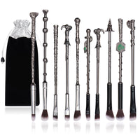 Boyigog 10Pcs Wizard Makeup Brushes Set,3D Silver Handle Metal Wand with Theme Bag,Anime Cosmetic Brushes for Powder Eyeshadow Lips Eyeliner,Portable Makeup Brush Set Gift for Girl Women (Silver)