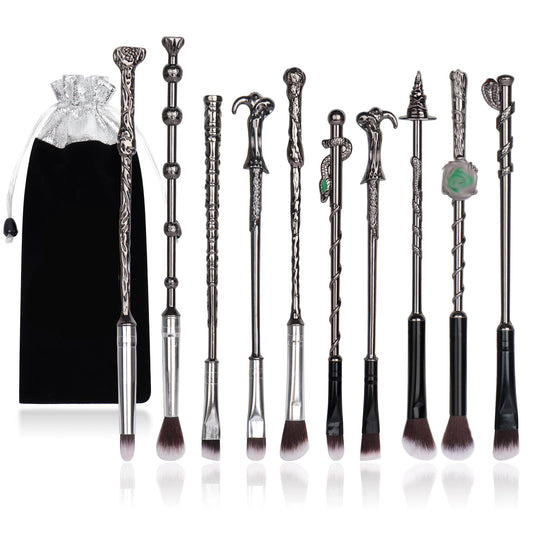 Boyigog 10Pcs Wizard Makeup Brushes Set,3D Silver Handle Metal Wand with Theme Bag,Anime Cosmetic Brushes for Powder Eyeshadow Lips Eyeliner,Portable Makeup Brush Set Gift for Girl Women (Silver)