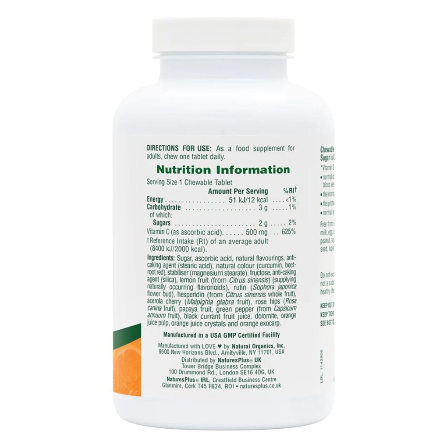Nature's Plus NaturesPlus Orange Juice Chewable Vitamin C 500 mg - Immune, Skin, Collagen, Antioxidant, Bone, Cartilage Support - Gluten Free, Vegan, 90 Chewable Tablets