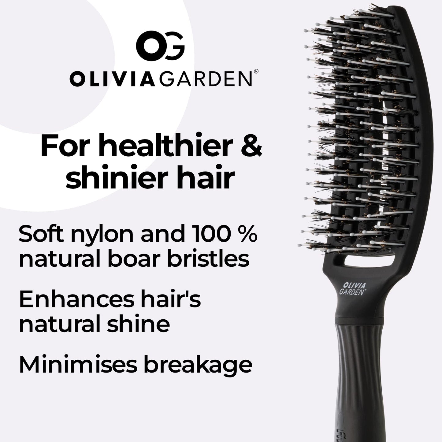 Olivia Garden Fingerbrush Combo Medium - Styling Hair Brush for Dry & Detangled Medium Hair - Curved Head Scalp Massage - Boar & Nylon Bristles for Natural Shine - Fine, Medium & Thick Hair - Black