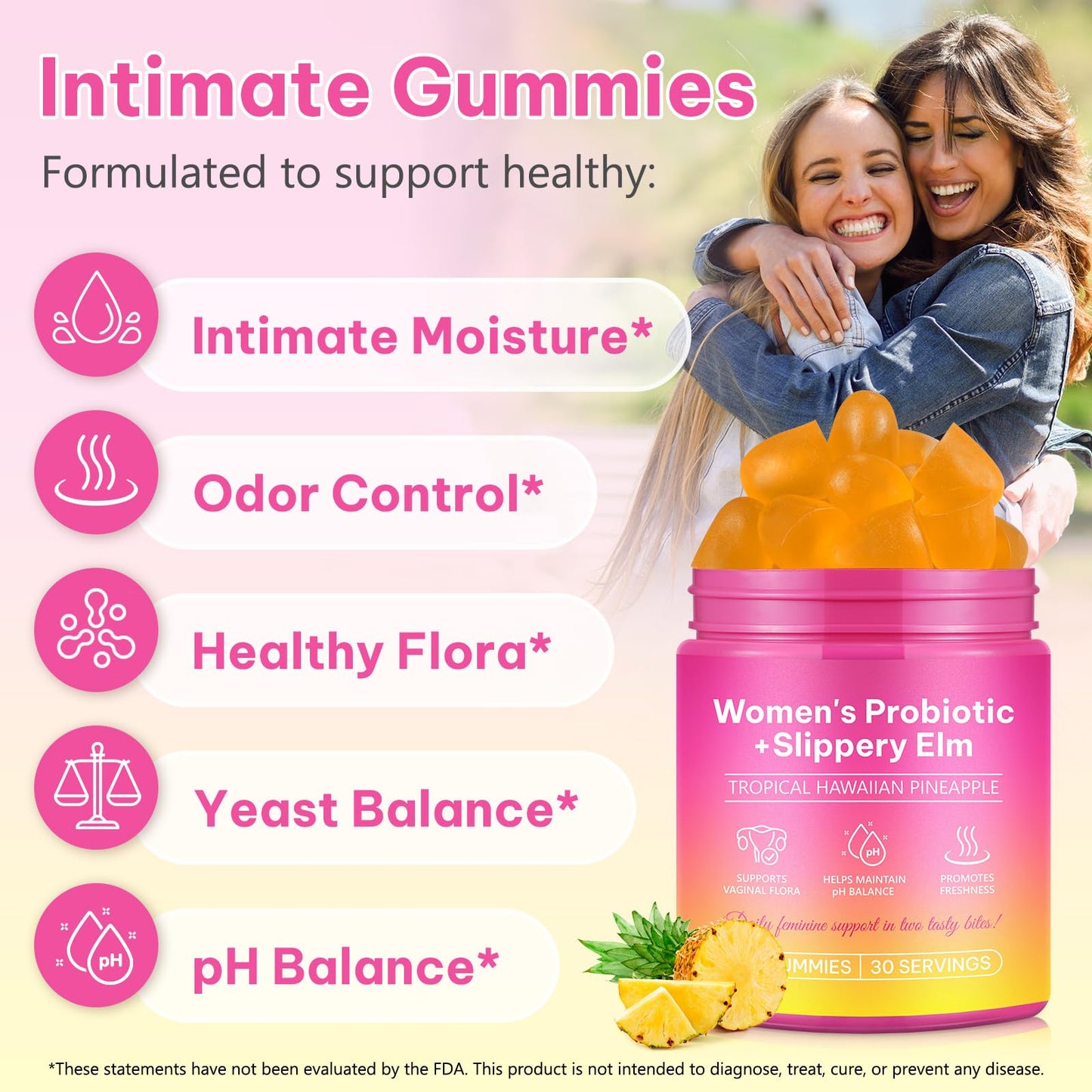 Probiotics for Women Gummies with Slippery Elm, Vegan Intimate Feminine Balance Probiotics Gummies Pineapple Flavor Supports pH Balance, Gut Health & Immune System 60 Gummies
