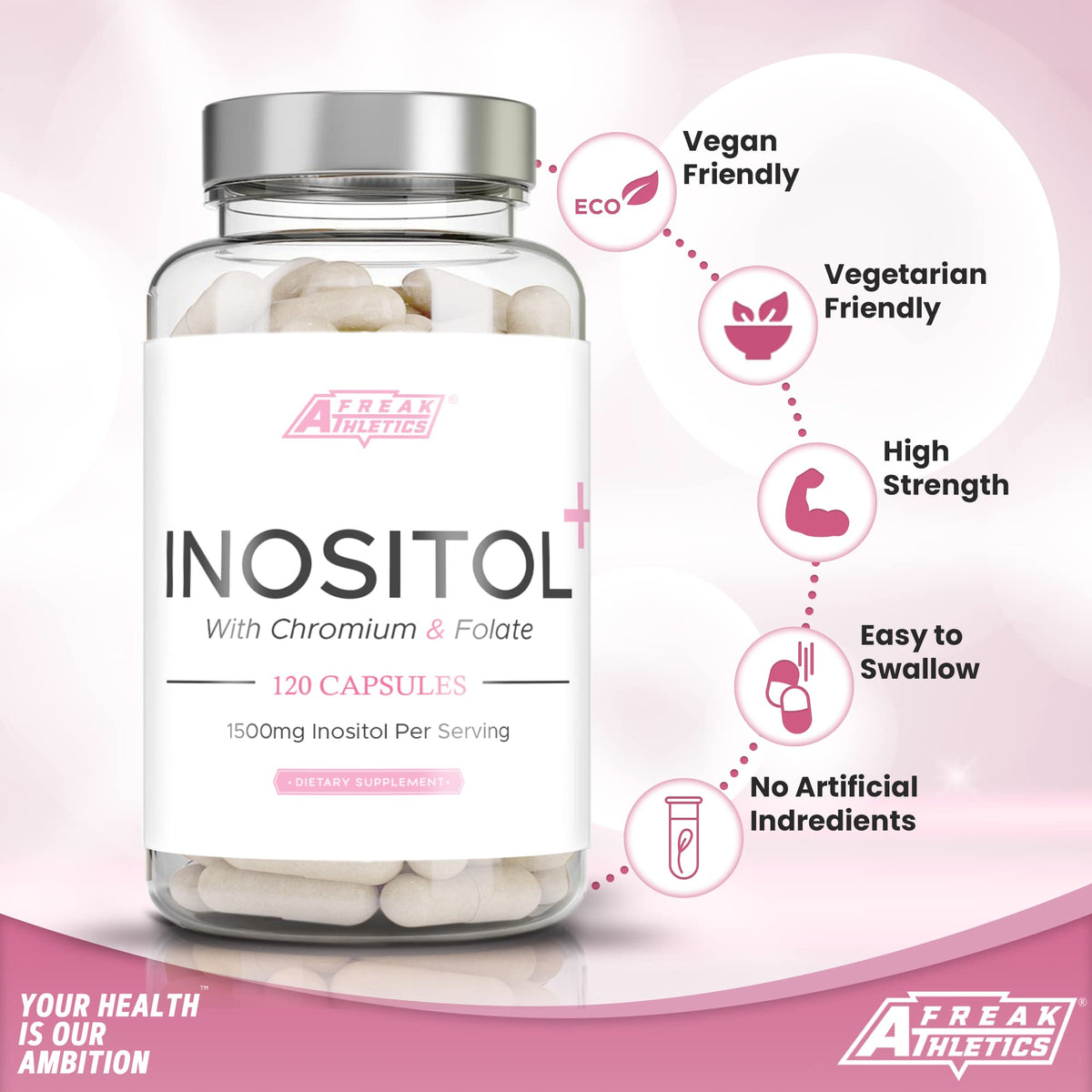 Myo Inositol Capsules by Freak Athletics - Inositol Capsules with Chromium & Folate - 120 Capsules Vegan & Vegetarian Friendly - UK Made