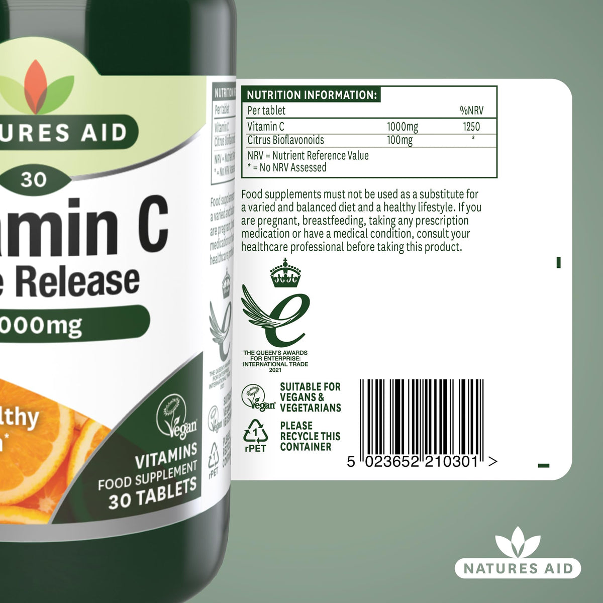 Natures Aid Vitamin C 1000mg Time Release - High Strength with Bioflavonoids - Supports Immunity, Bones & Heart - Antioxidant - Vegan, Gluten-Free, Non-GMO Supplement – 30 Tablets