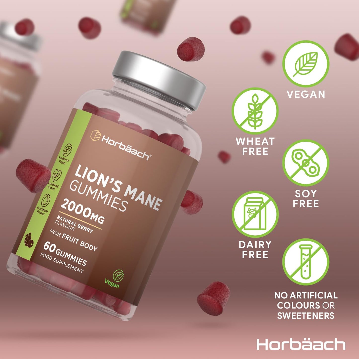 Horbäach Lions Mane Gummies 2000mg | High Strength Lions Mane Supplement | Mushroom Extract | Natural Berry Flavour | 60 Vegan Gummies | by Horbaach