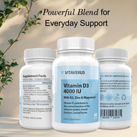 VITAVERUS Vitamin D3 4000 IU Supplement, with K2, Zinc & Magnesium, Made in UK, 60 Capsules