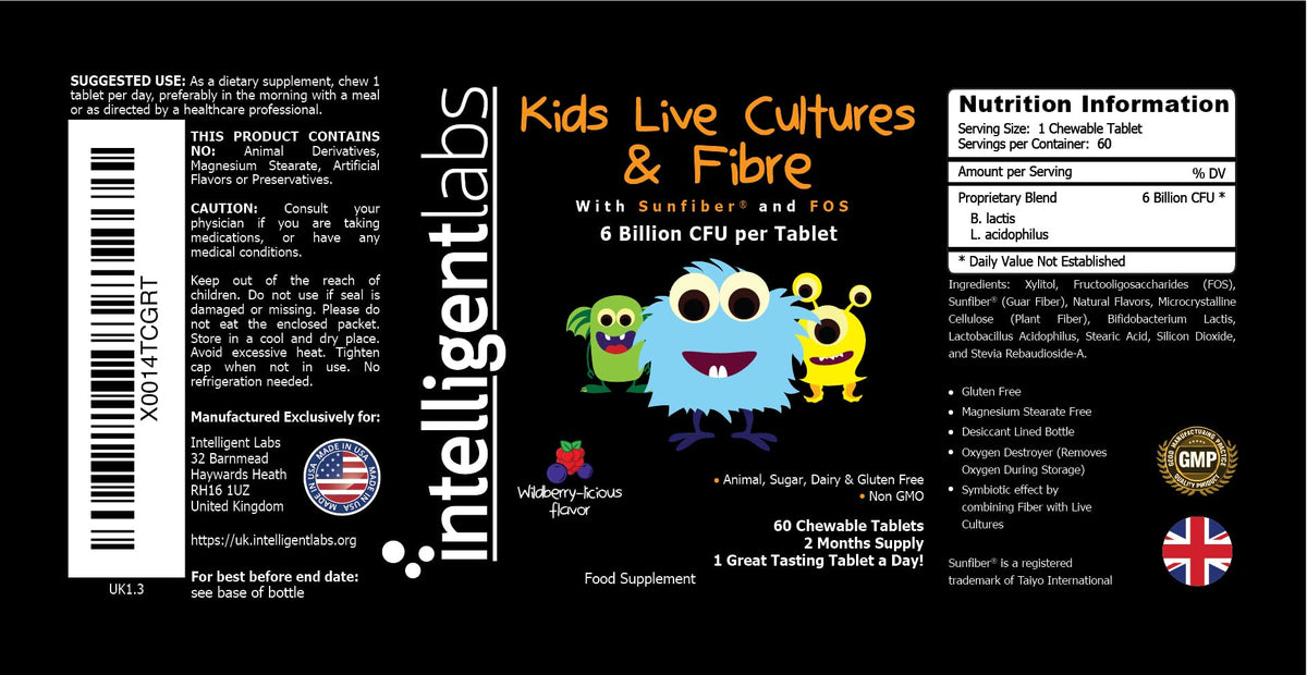 Intelligent Labs 6 Billion CFU Kids Live Cultures and Fiber with Sunfiber and FOS
