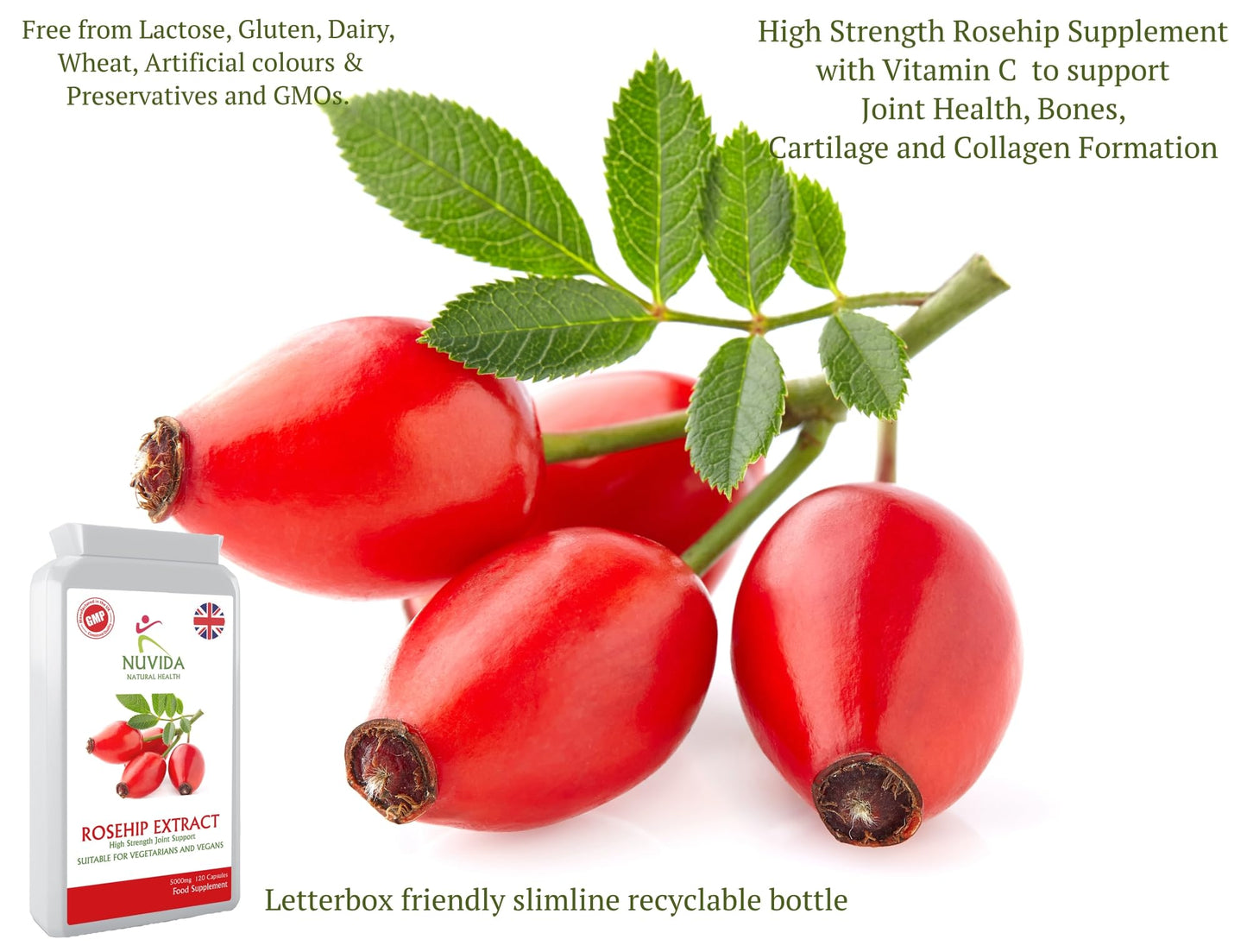 NUVIDA NATURAL HEALTH Rosehip Capsules - High Strength Rosehip Supplement with Vitamin C to Support Joint Health, Bones, Cartilage and Collagen Formation - 120 Vegan Rosehip Capsules. Up to 4 Months Supply.