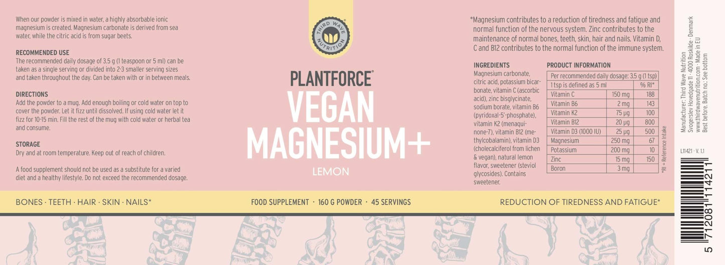 Plantforce Vegan Magnesium+ Lemon 160G Powder - 45 Servings