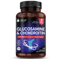 NEW LEAF PRODUCTS Glucosamine and Chondroitin High Strength - Enriched With Turmeric And Vitamin C - Glucosamine Sulphate Chondroitin Sulphate, Food Supplement - Contributes To The Normal Function of Bones 120 Capsules