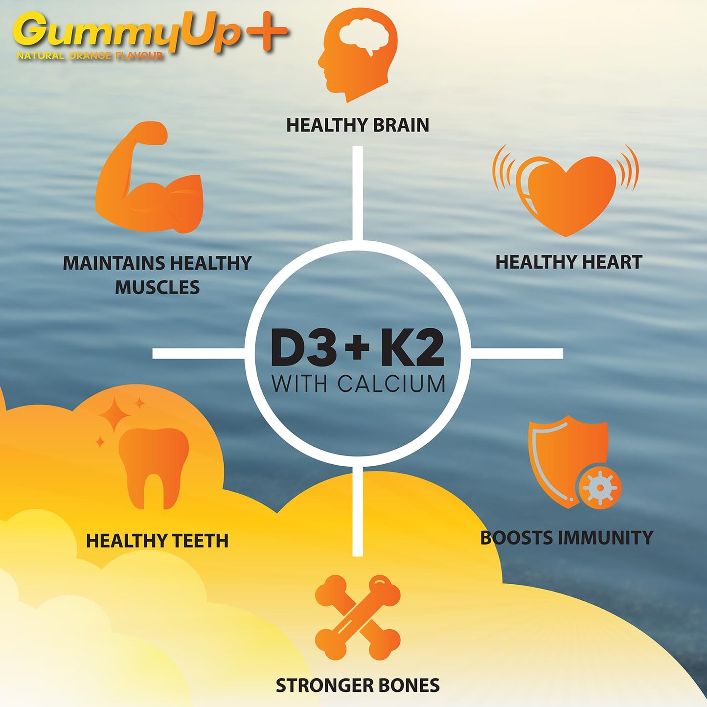 Vitamin D3+K2+Calcium Gummies High Strength Sunshine Gummies | 2 Months Supply | Natural Orange Flavoured Sugar Free Vegetarian Gummies by Gummyup+