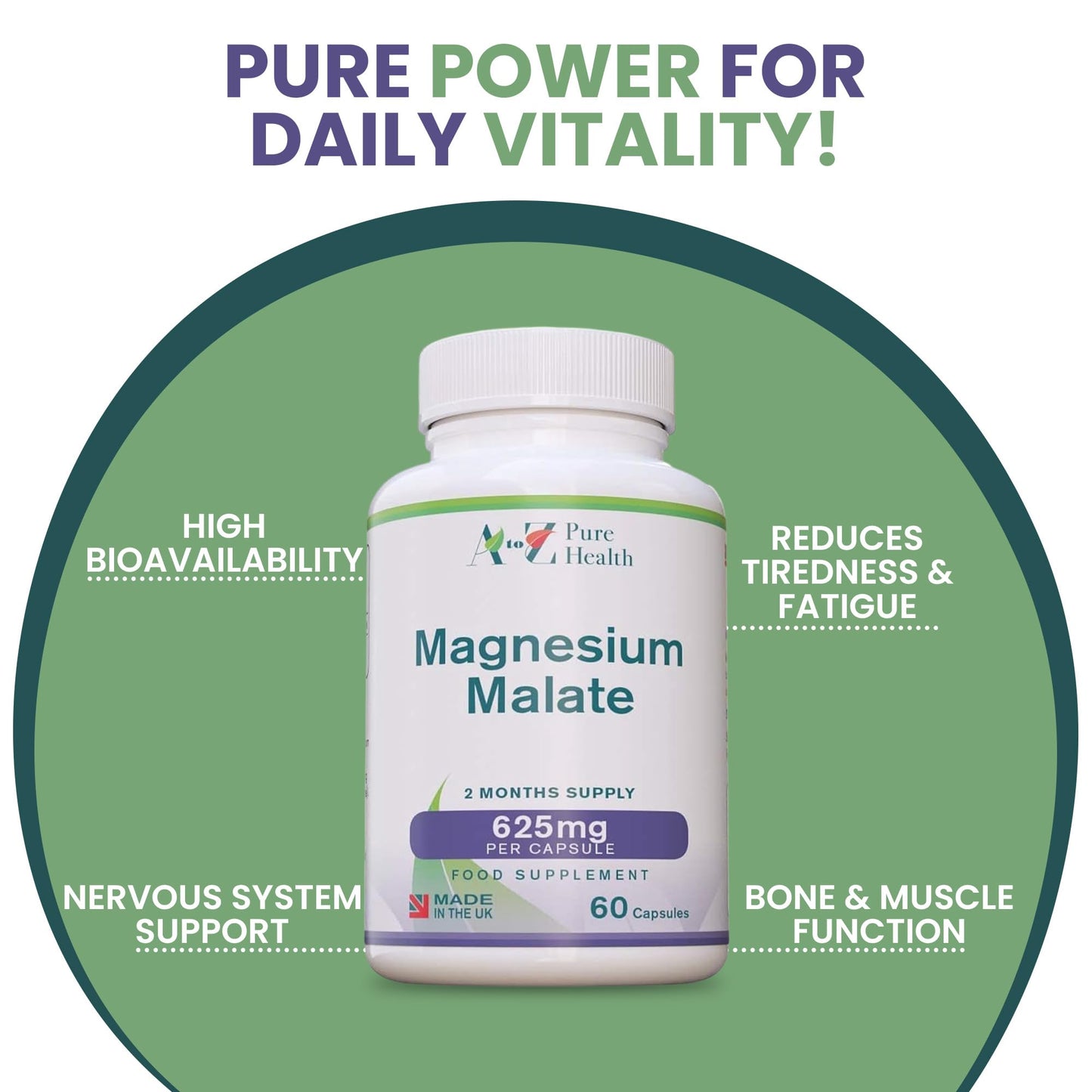 A to Z Pure Health Magnesium Malate Capsules | High Absorption, Premium Magnesium Malate 625mg Supplement | 60 Easy to Swallow Capsules (2 Months Supply) | Supports Energy Levels, Heart Health, Muscle Function | UK Made