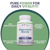 A to Z Pure Health Magnesium Malate Capsules | High Absorption, Premium Magnesium Malate 625mg Supplement | 60 Easy to Swallow Capsules (2 Months Supply) | Supports Energy Levels, Heart Health, Muscle Function | UK Made