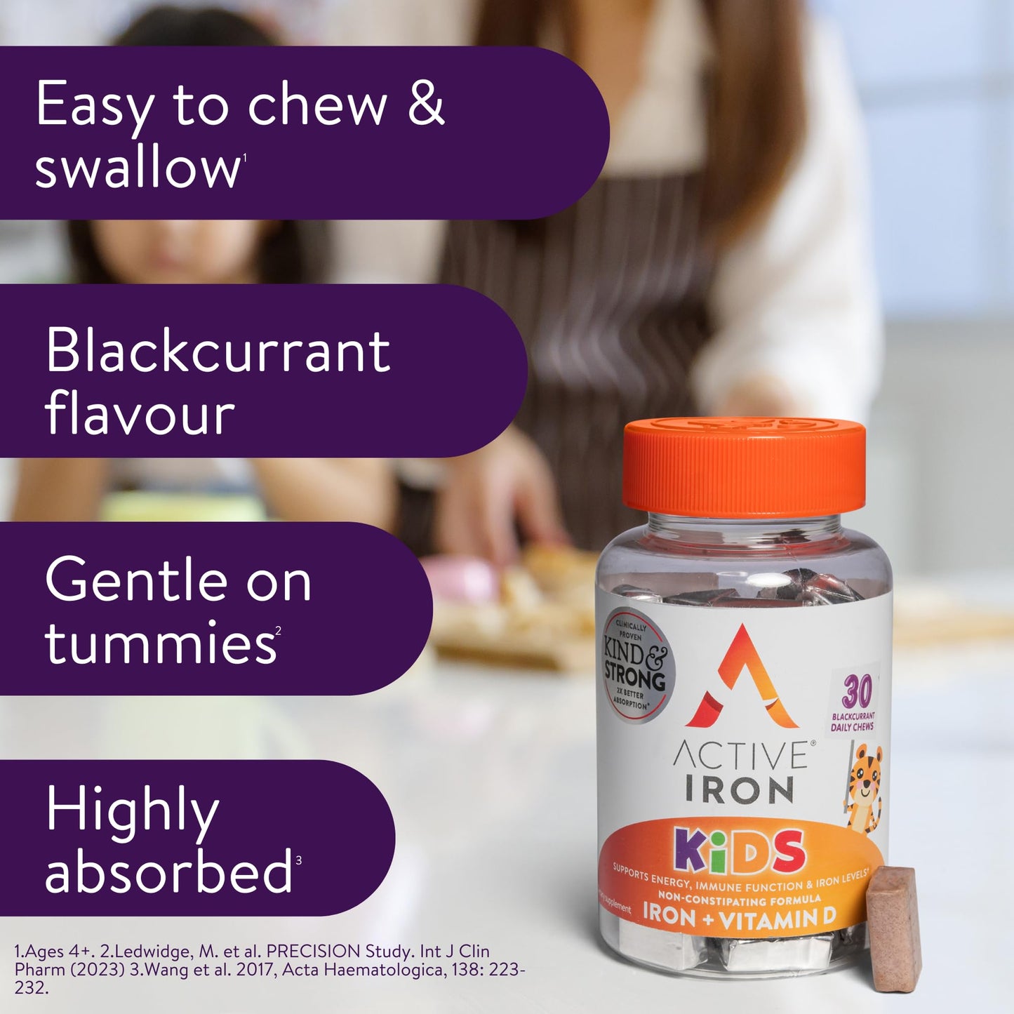 Solvotrin Active Iron Supplement 7 mg + Vitamin D for Kids – Increases Iron & Energy Levels – Gentle, Non-Constipating Blackcurrant Chews – Highly Absorbed – Supports Growth & Immune Health – 30 Chews
