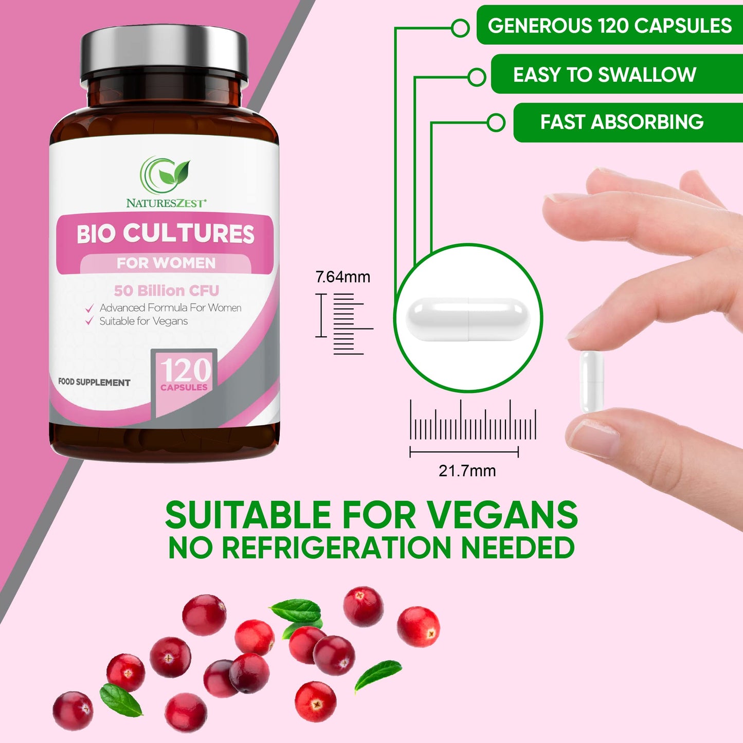 Probiotics for Women - 50 Billion CFU with Prebiotics and Cranberry – 120 Vegan Caps – Women’s Probiotic Supplement with Lactobacillus Reuteri and Acidophilus Probiotic, UK Made – Packaging May Vary
