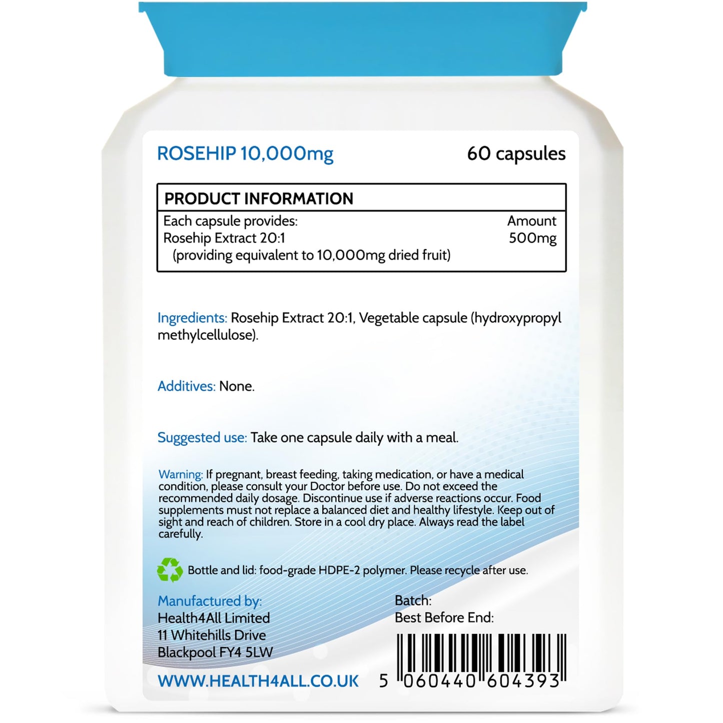 Health4All Rosehip 10,000mg per Capsule, 60 Capsules 2 Months Supply, High Strength Rosa Rugosa Hips Joint Support Supplement, Pure, Vegan, Naturally Sourced Extract (not Tablets) | Made in UK