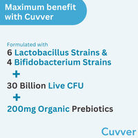 Cuvver Probiotics & Organic Prebiotics Complex - 30 Billion CFU, 1 Month Supply, 10 Live Bacterial Cultures, Gut Health Supplement - Bloating & Digestion - Made in UK, 30 Vegan Capsules