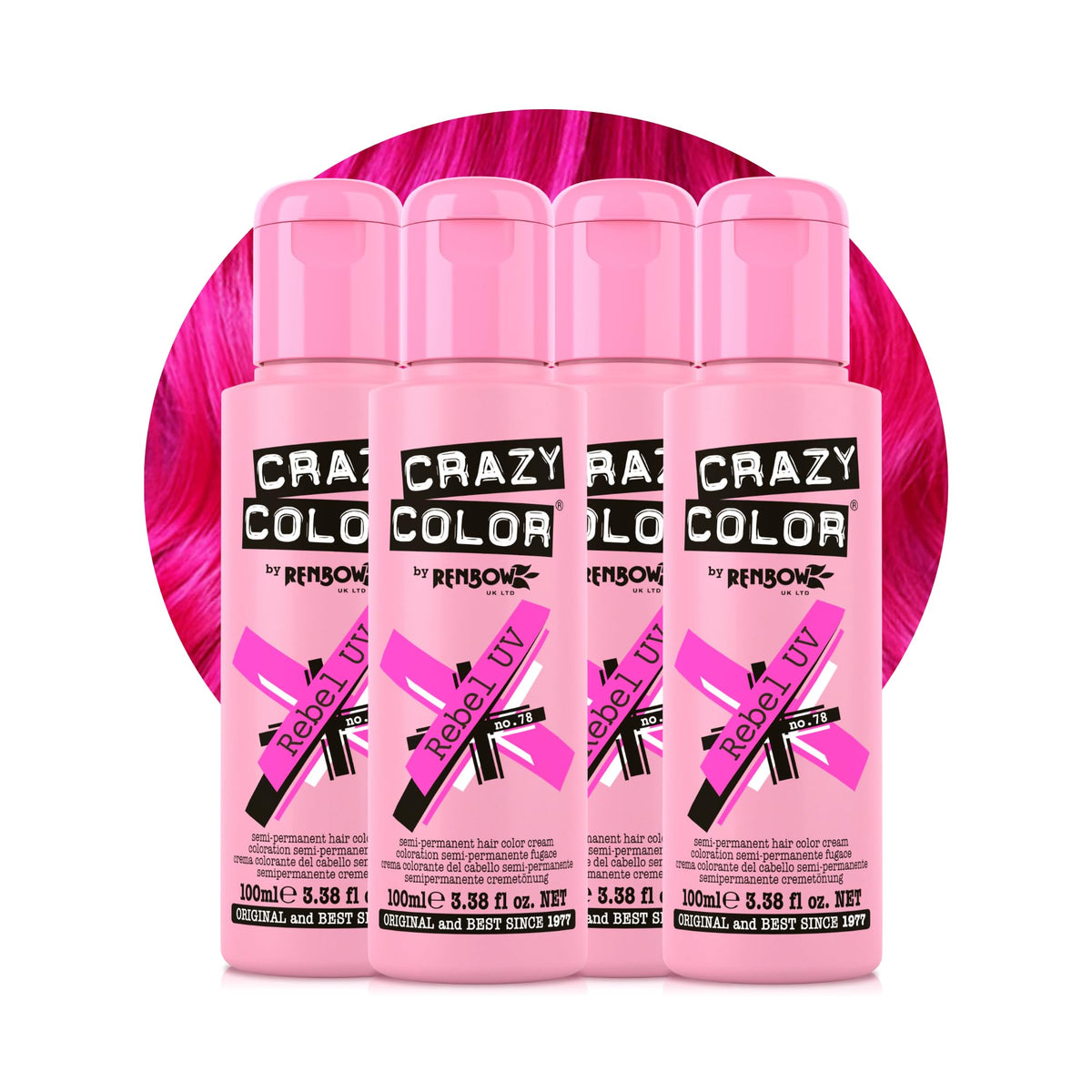 Crazy Color Vibrant Rebel UV Semi-Permanent 4 Pack Quad Hair Dye. Highly Pigmented Neon Pink Conditioning & Oil Nourishing Vegan Formula No Bleach or Ammonia 400ml