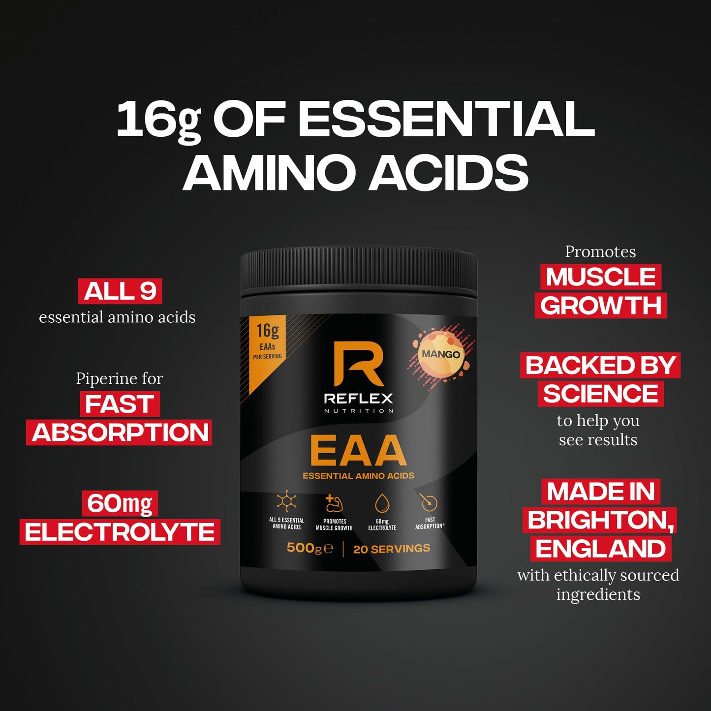 Reflex Nutrition EAA - Complete Essential Amino Acids - 16g EAAs with BCAAs, Vitamin B6, Electrolytes - Full Spectrum Amino Acids Powder for Muscle Growth & Recovery (Mango, 500g, 20 servings)
