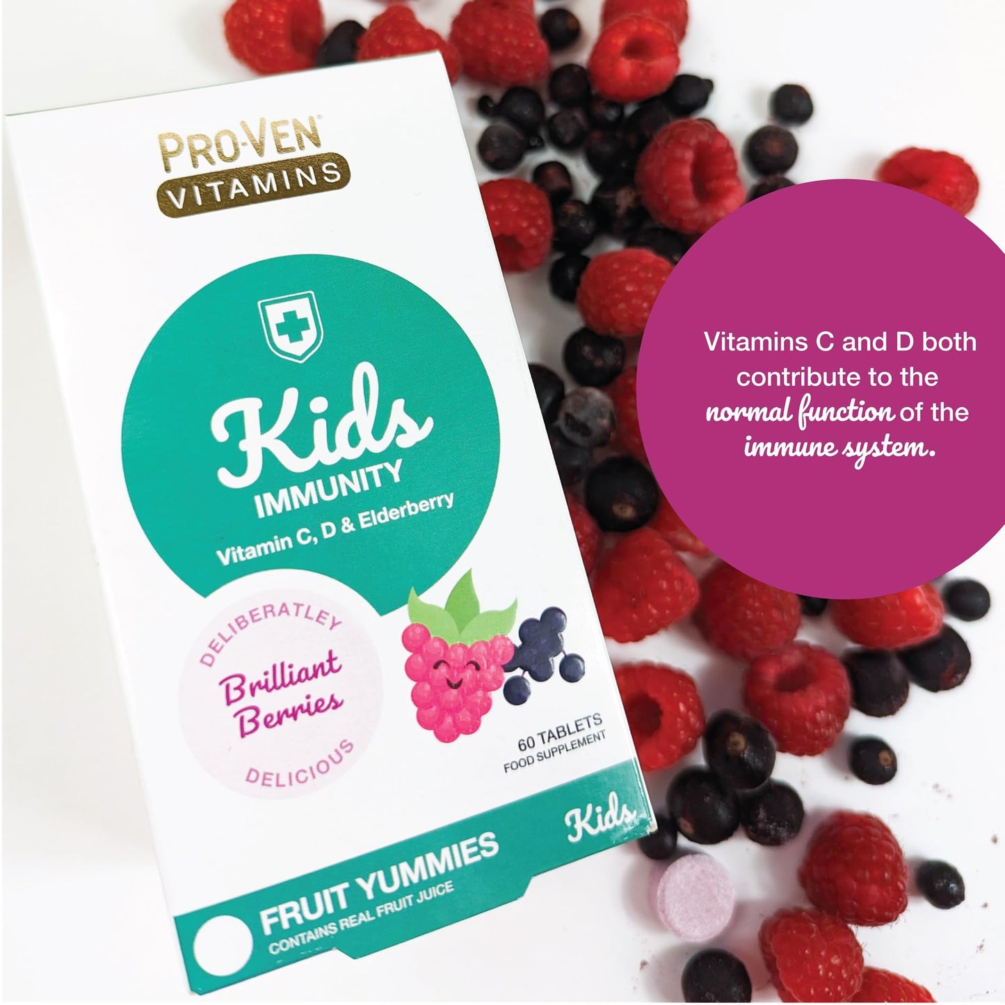 Proven Children's Vitamins - Immune System Booster Kids - 60 Delicious Chewable Daily Immunity Tablets with Vitamin C, D & Elderberry Extract, Carefully Formulated for Bone, Teeth & Muscle Health