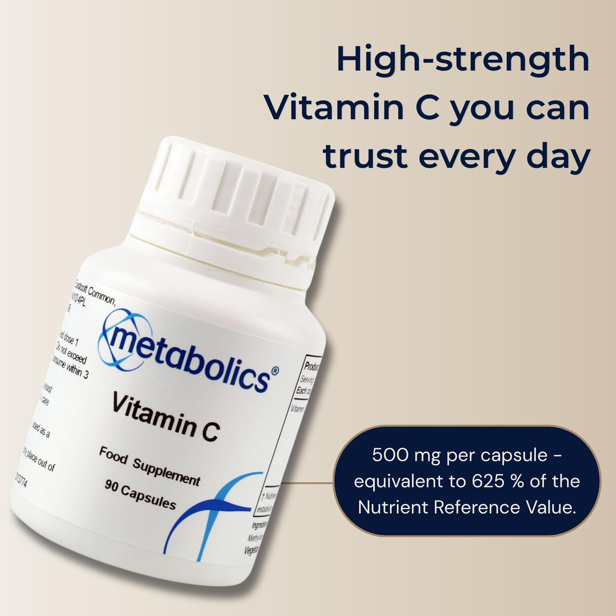 Vitamin C Capsules by Metabolics | 500mg Vitamin C Per Capsule Providing 625% NRV | Pot of 90 Capsules Suitable for Vegans & Vegetarians- No Additives or Flowing Agents