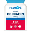 Health4All Vitamin B3 Niacin as Nicotinic Acid 50mg, 120 Tablets, Flush Effect