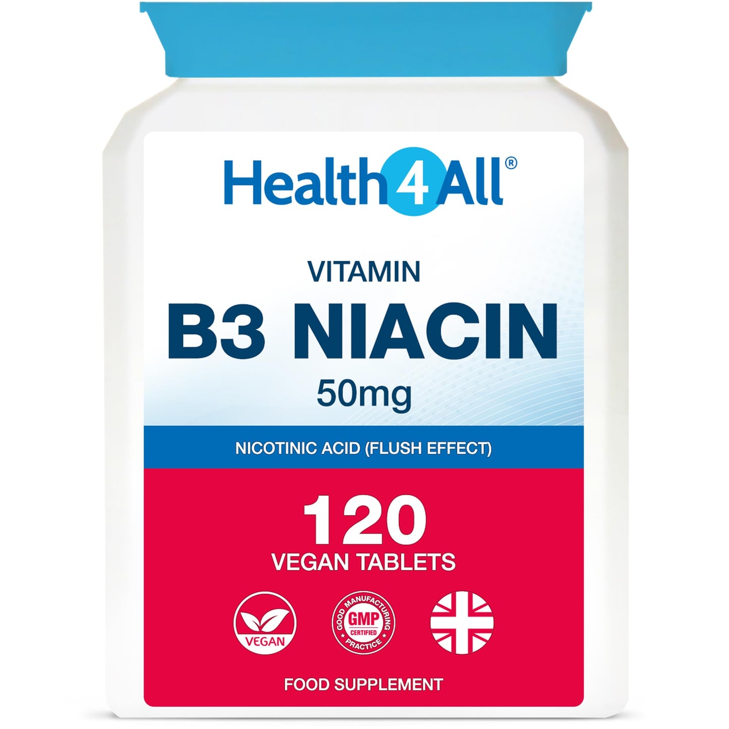Health4All Vitamin B3 Niacin as Nicotinic Acid 50mg, 120 Tablets, Flush Effect