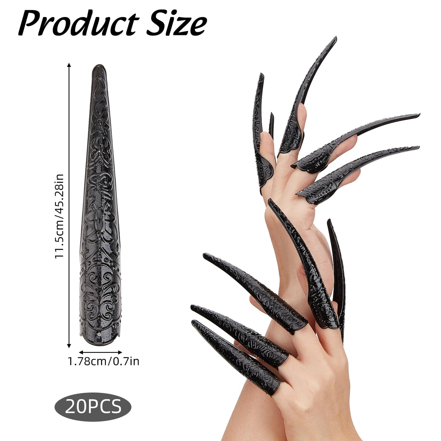 NICENEEDED 20 Pcs Long Finger Claws Fake Nail Rings, Black Fingernail Rings Claw, Knuckle Protectors Fingertip Extension Halloween Vampire Nails for Cosplay Drama Belly Dance Show