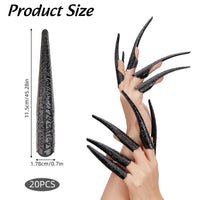 NICENEEDED 20 Pcs Long Finger Claws Fake Nail Rings, Black Fingernail Rings Claw, Knuckle Protectors Fingertip Extension Halloween Vampire Nails for Cosplay Drama Belly Dance Show