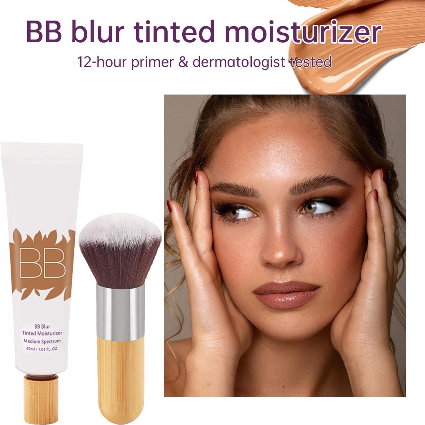 SHEBEEDO BB Blur Tinted Moisturizer with Brush, BB Cream Tinted Moisturiser, BB Tinted Moisturiser Spf30+, Hydrates & Smooths Your Skin，BB Cream Tinted Moisturizer with Broad Medium Spectrum(Natural)
