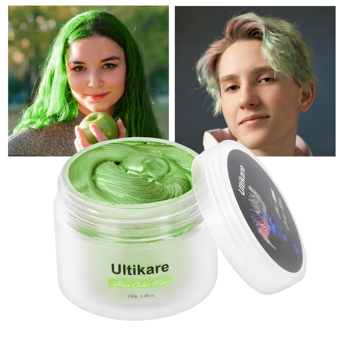 Hair Colour Wax, Ultikare Temporary Color Hair Dye, Instant Hair Dye Wax Mud Washable Natural Hairstyle Color Pomade,Styling Hair Clays for Men Women Party, Cosplay & Halloween 3.4 Fl Oz (Green)
