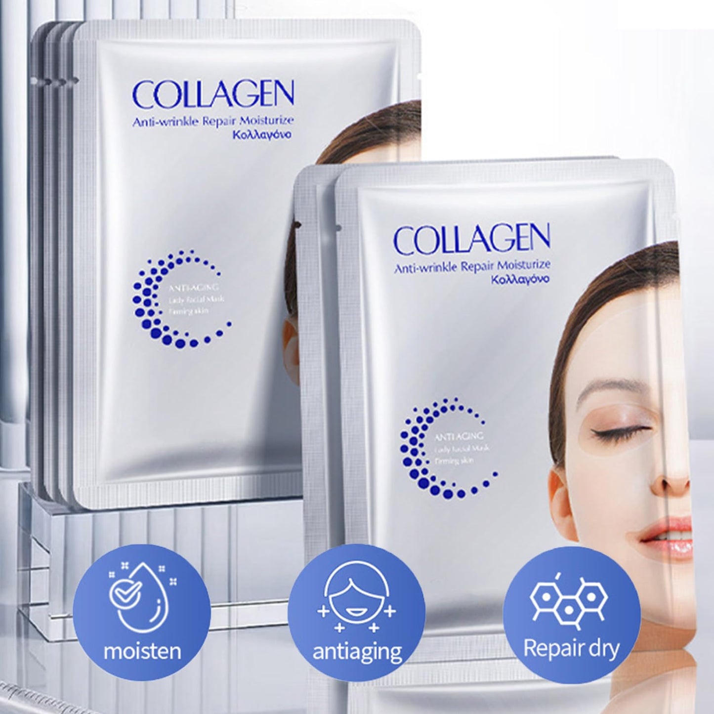 Cureluxe 5PCS Face Care Korean Glass Skin Collagen Mask - Anti-Aging&Anti-Wrinkles Collagen Face Mask - Korean Face Mask with Co-llagen,Hyaluronic Acid,Niacinamide - Kor-ean Skincare Hydrating Face Masks