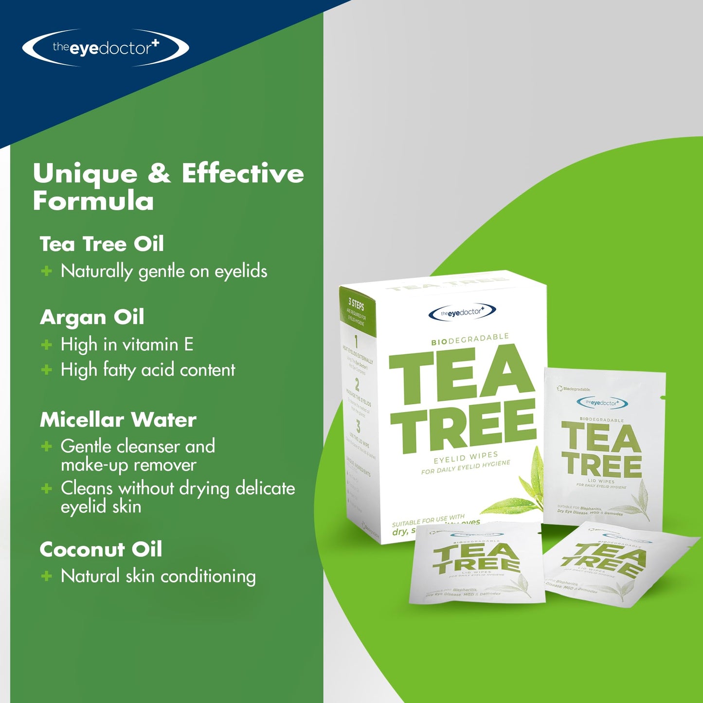 The Eye Doctor Tea Tree Oil Eyelid Wipes - 40 x Single Use Eye Cleaning Wipes for Daily Lid Care - Individual Preservative Free Sensitive Eye Cleaner - Soothes Cleans and Refreshes