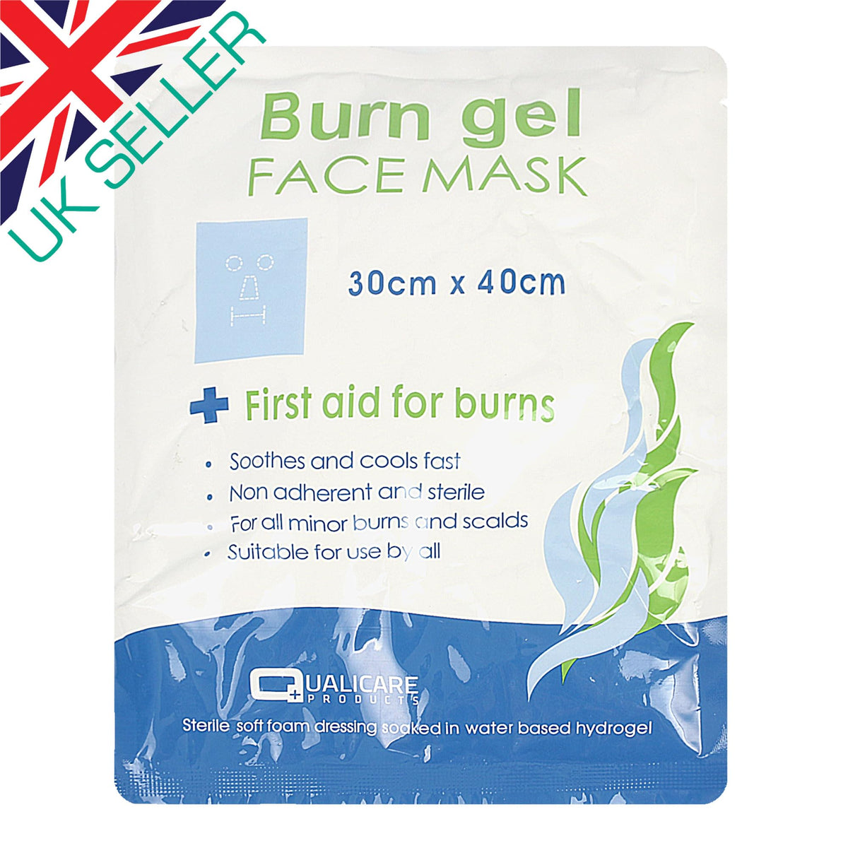 Qualicare Burn Gel Face Mask 30cm x 40cm - Sterile Soft Foam Dressing Soaked in Water-Based Hydrogel