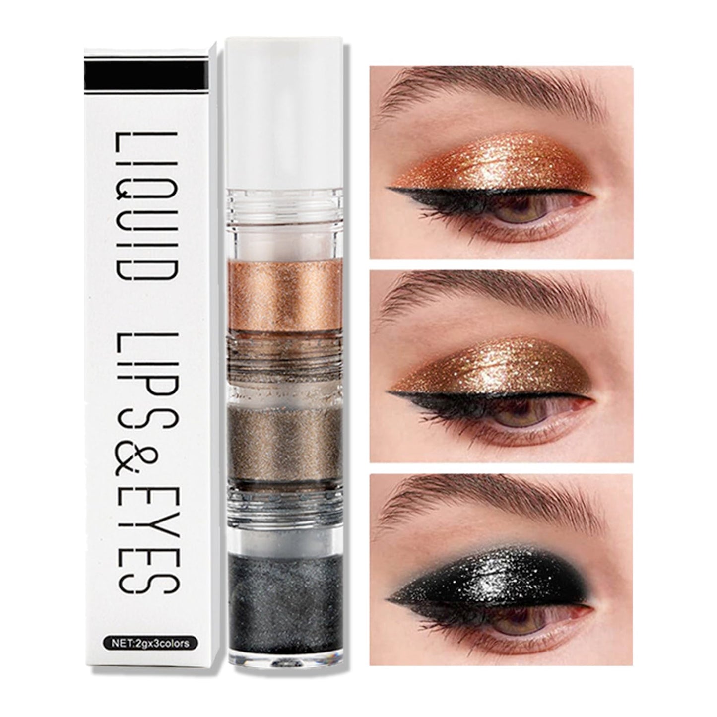 HAORQEE Glitter Eyeshadow, Brown Black Gold Shimmer Liquid Eye Shadow, Metallic Sparkly Shiny Pearlescent Long Lasting Eye Shadows Eyeliner Eye Makeup for Women Girls Gifts