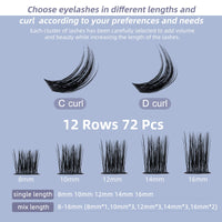 QUEWEL Cluster Lashes 72 Pcs Wide Stem Individual Lashes C/D Curl 8-16mm Length DIY Eyelash Extension False Eyelashes Soft for Personal Makeup Use at Home (Lovely02-D-12)