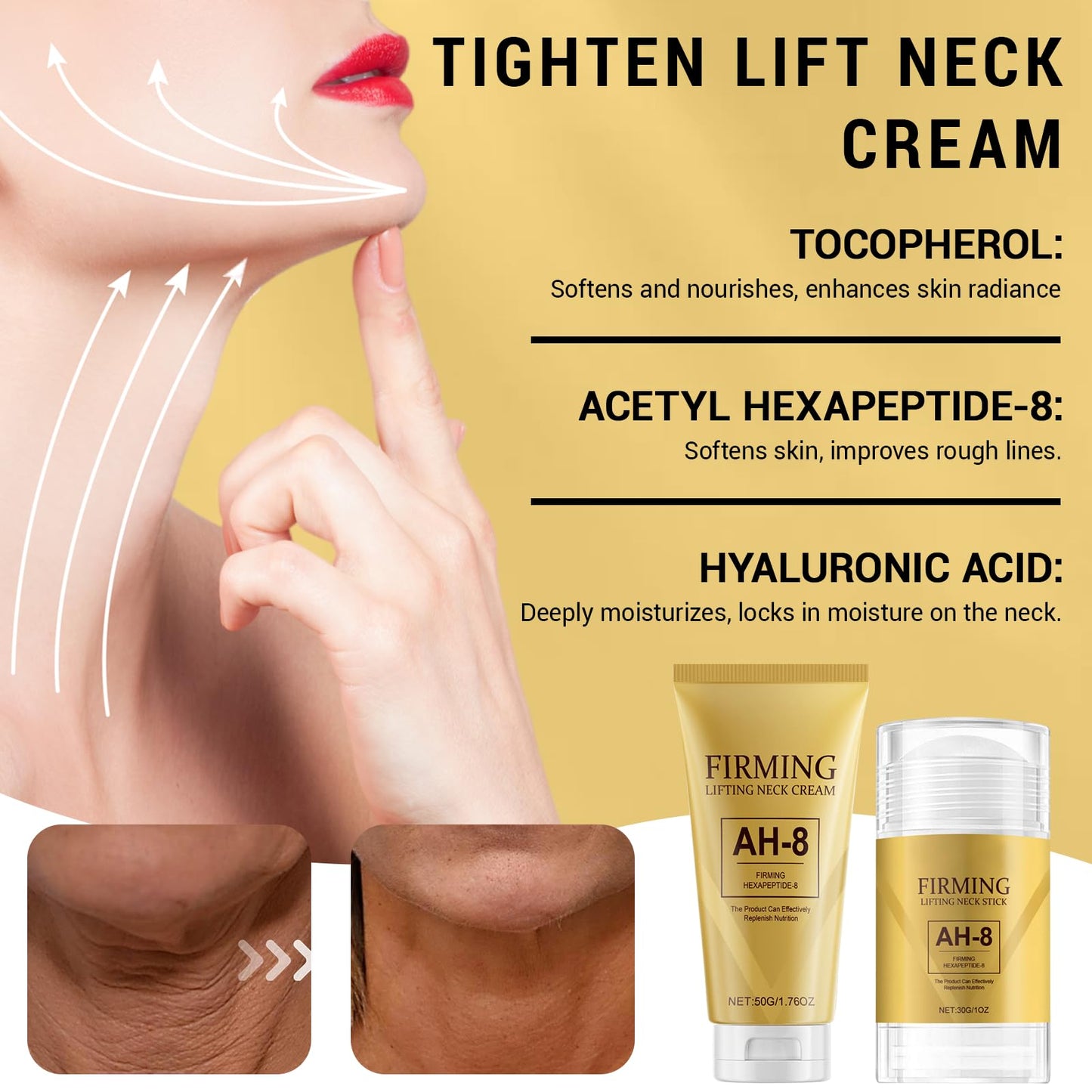 COWANIEE 50g Ah-8 Firming Neck Cream + 30g Neck Care Stick- Neck Creams Set for Sagging and Tightening- Lift Sagging Skin