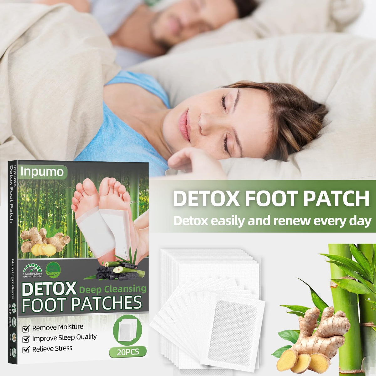 Inpumo Detox Foot Patches 20 Pcs, Remove Toxins Deep Cleansing, Relieve Body Stress, Improve Sleep Quality, Enhance Blood Circulation (20 pack)