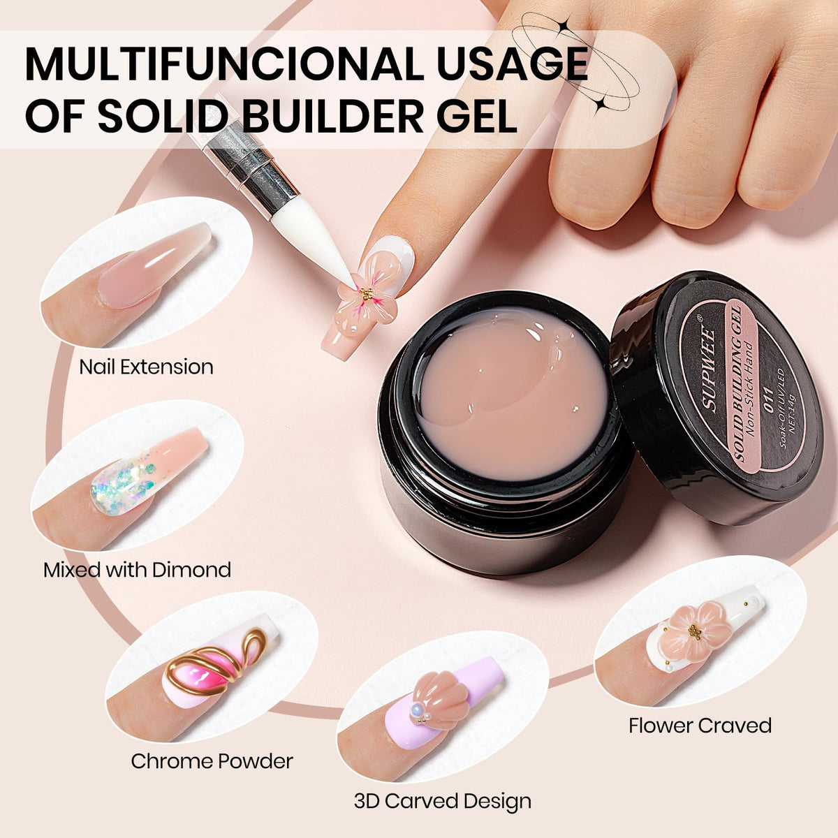 SUPWEE Solid Builder Gel Nail 14g Nude Non-sticky 3D Sculpture Gel for Carving Patterns Decoration Nail Strengthen Soak Off Nail Art Salon Hom