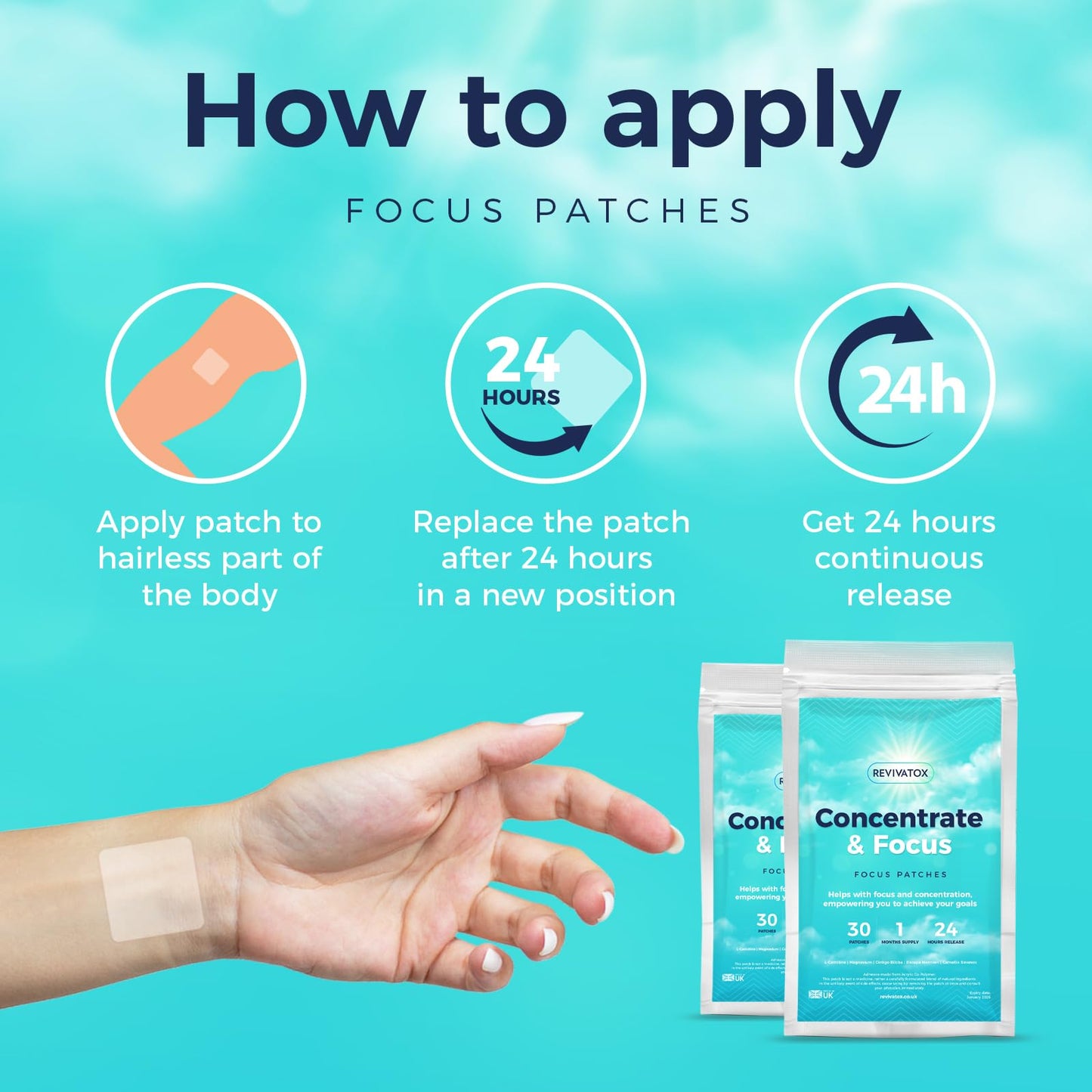 Focus Patches | Natural Focus Supplement for Enhanced Concentration & Brain Boost | 24-Hour Focus Patch with Bacopa, Ginkgo & L-Carnitine | 30 Pack | Revivatox®