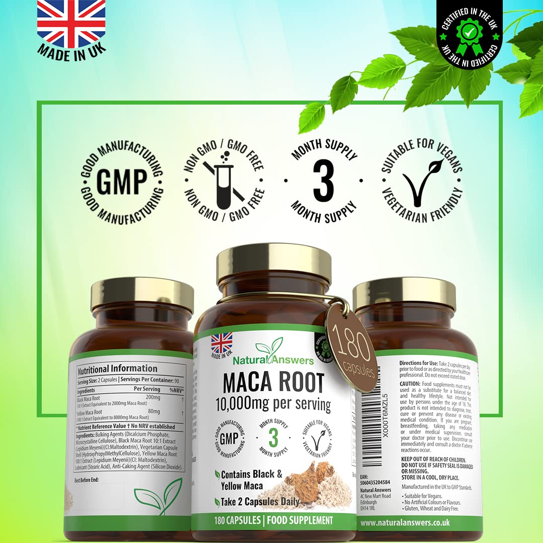 Natural Answers 180 Maca Root Capsules - (3 Months Supply) Vegan 10,000mg Maca Capsules - High Strength Peruvian Black & Yellow Maca Root - Made in The UK