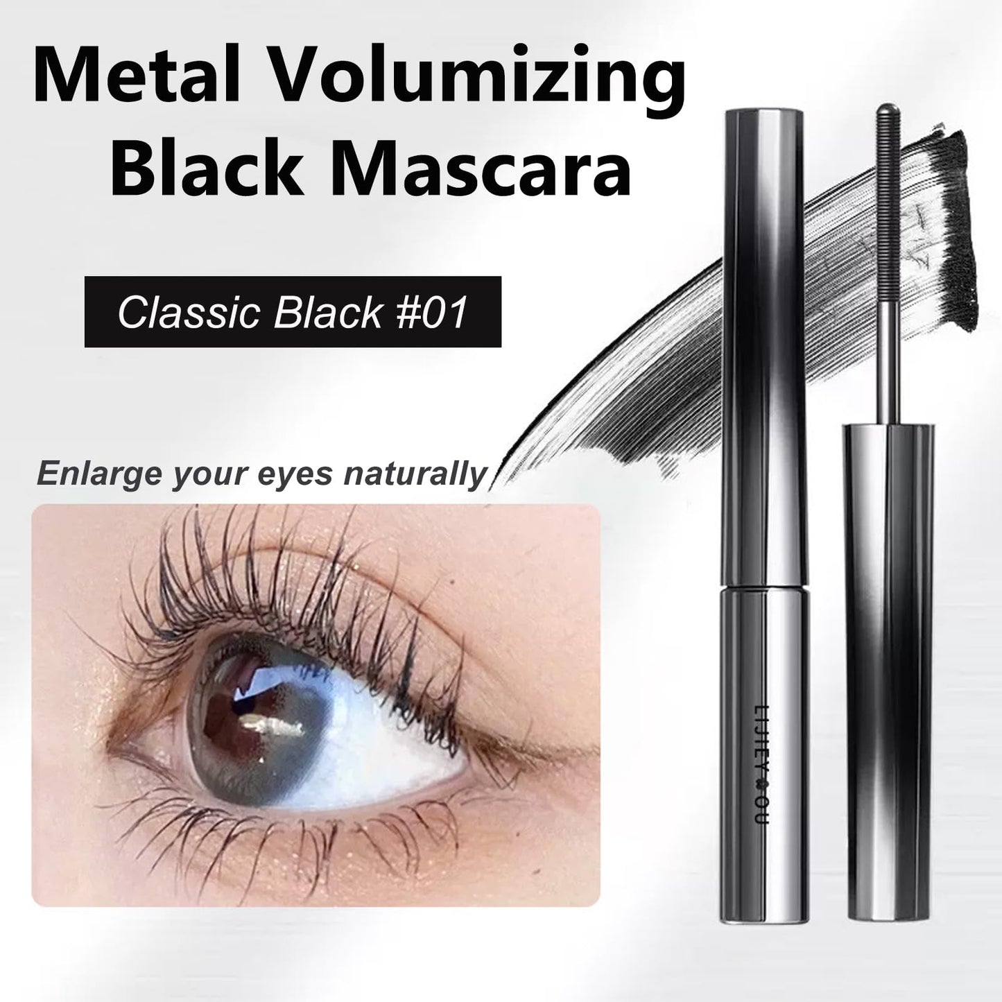 HERBINSOLS Metal Volumizing Black Mascara - Natural Lengthening Mascara Black Waterproof - Smudge-Proof Metal Wand mascara for Natural Eye Makeup - Long-Wear No Clumping for Sensitive Eyes