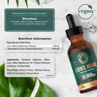 Lions Mane Supplement Liquid Drops 30,000mg | High Strength Lions Mane | from Fruiting Body | 60ml Bottle - Vegan | Wiseshrooms