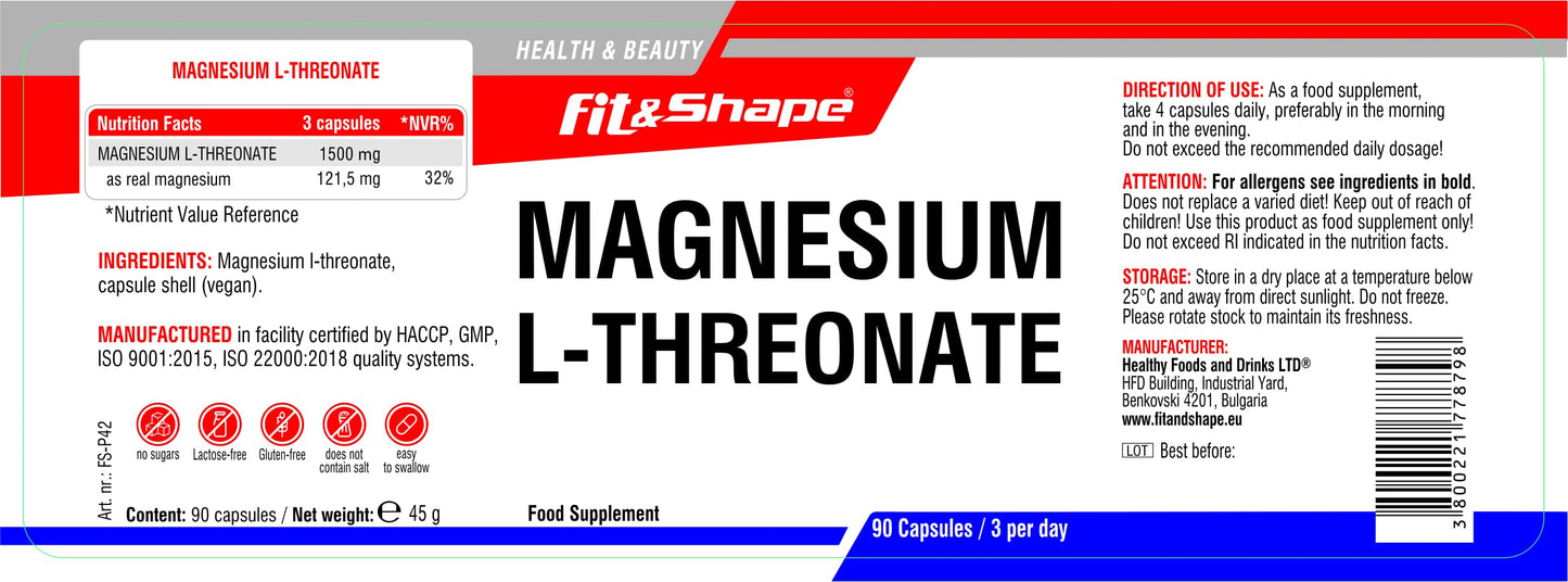 Tulip BioPharma Magnesium L-Threonate 1500mg Per Serving 90 Vegan Capsules, Manufactured in Facility Certified by HACCP, GMP, ISO